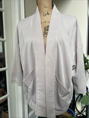 Pure Jill Sz M Light Tan Open Front Cardigan‎ Pockets Quiet Luxury Relaxed Spa